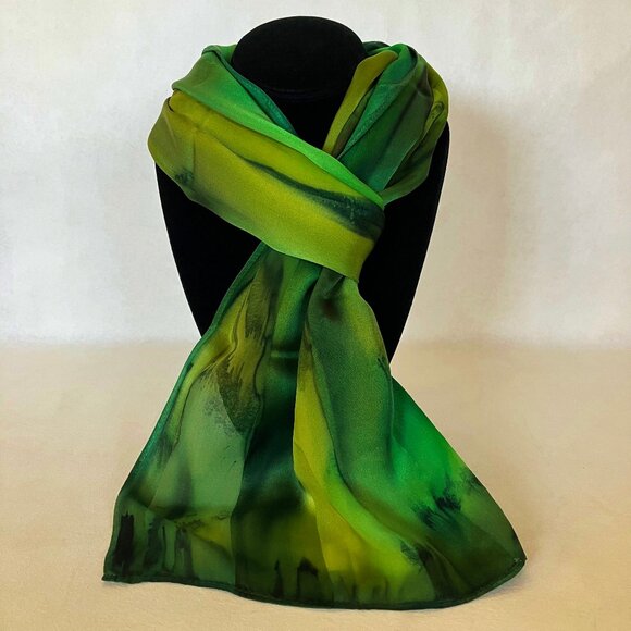 Hand Painted Silk Scarf Green Rectangle Neck Head Wrap Ladies Unique New Gift - Picture 1 of 4